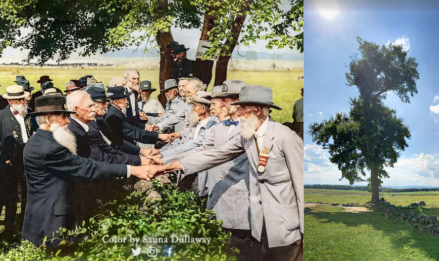 Union Blue and Confederate Gray veterans reunite at Gettysburg in the year 1913